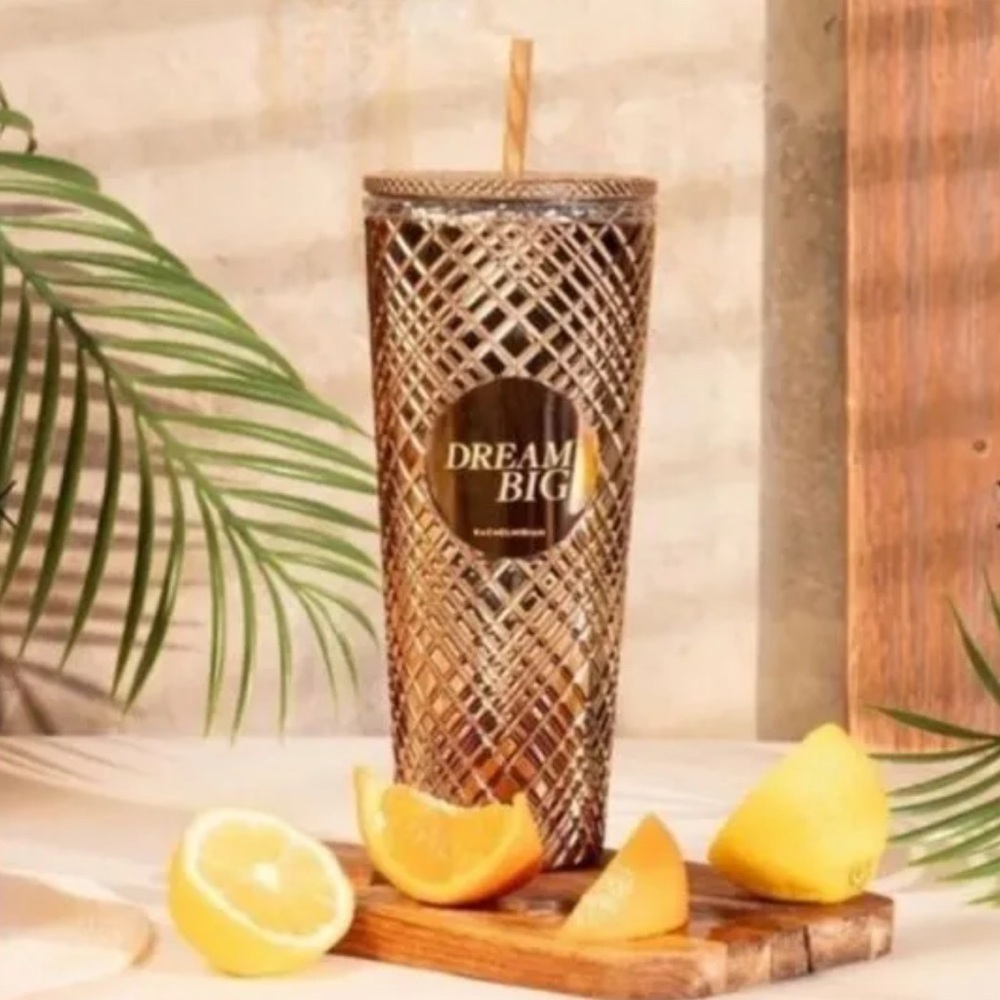 RACHEL MIRIAM “Dream Big” Tumbler in Gold w/Straw